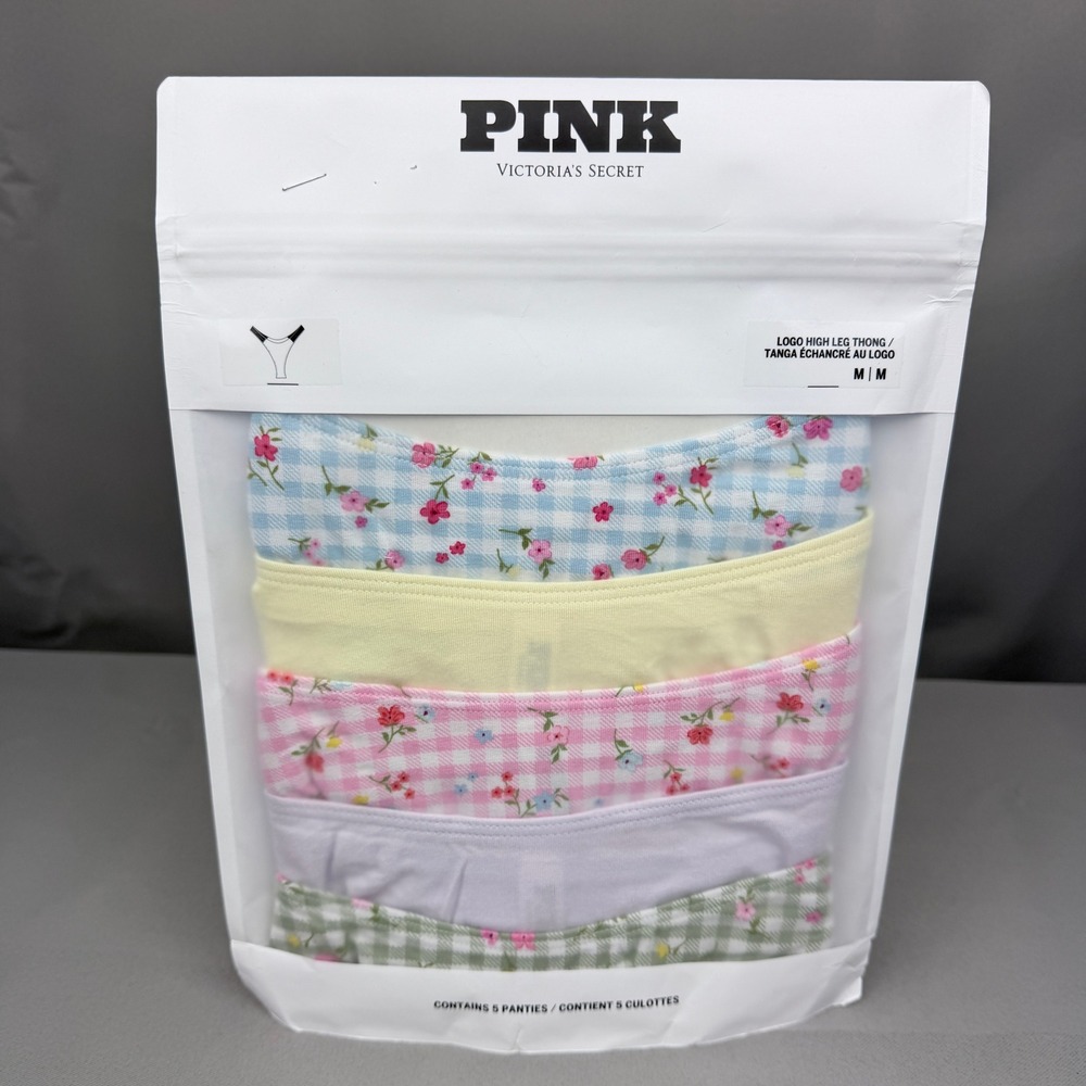 Victorias Secret PINK Logo High Leg Thong Panties 5 Pack Floral Gingham Medium